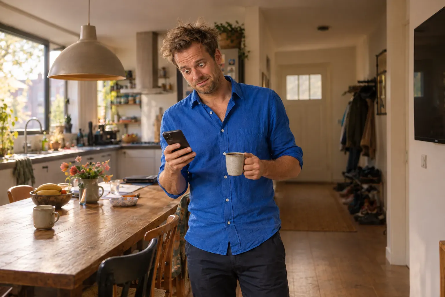 Daan met een kop koffie en zijn telefoon aan de keukentafel