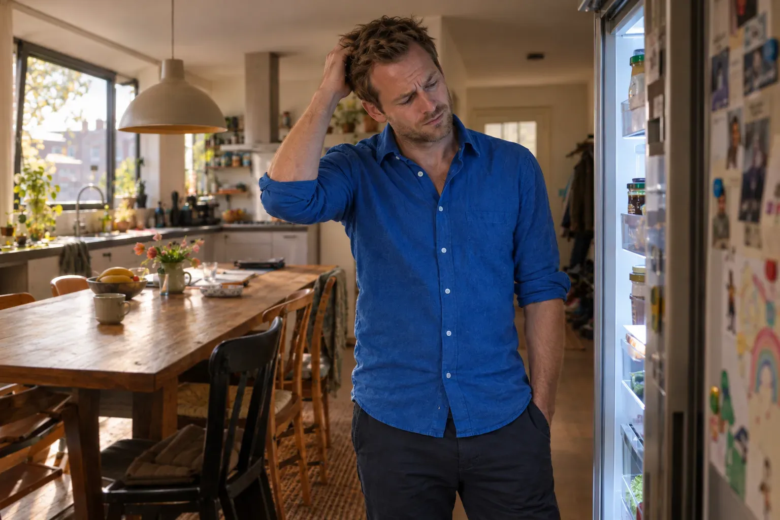 Daan krabt zich op het hoofd bij de koelkast vol briefjes