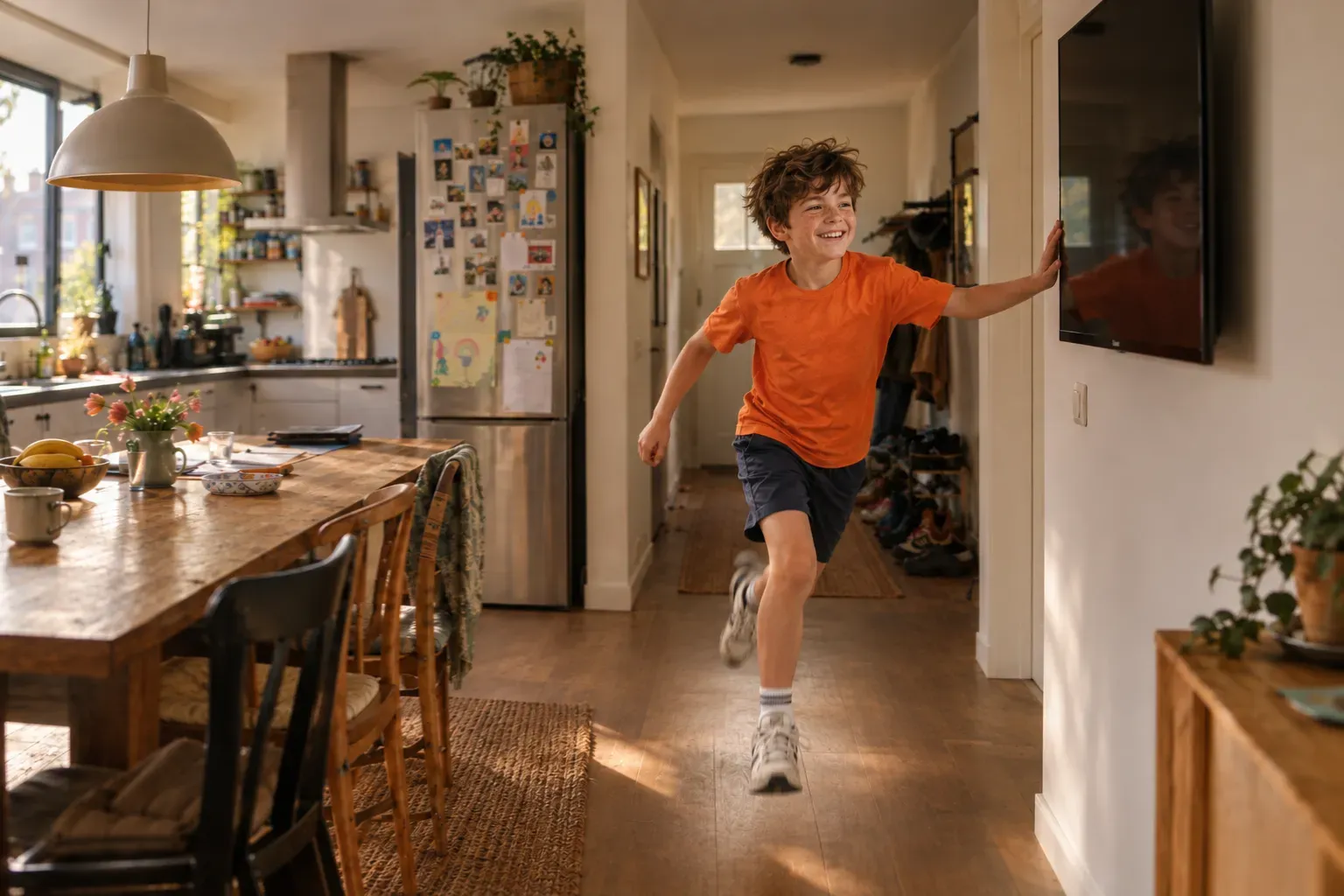 Finn van negen rent door de keuken naar het scherm