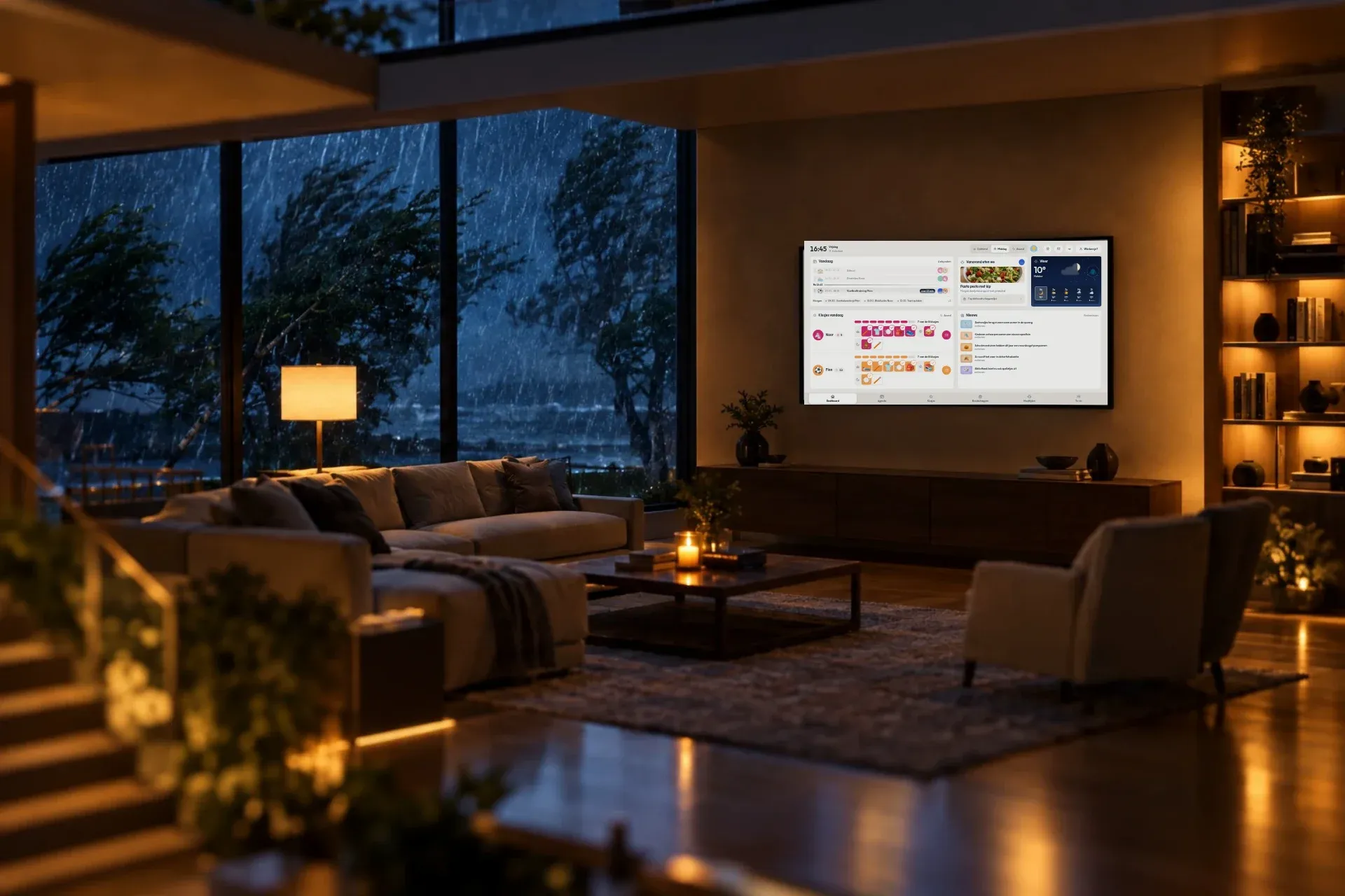 Een woonkamer tijdens een storm met bliksem; het scherm aan de muur blijft het overzicht tonen