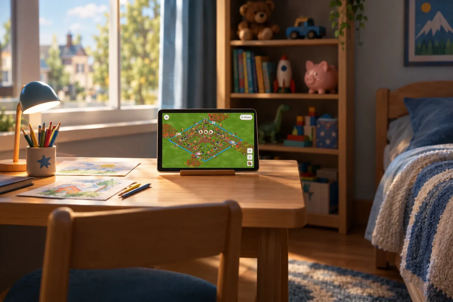 Finn leest een strip op zijn bed; op zijn bureau staat het dorp van het gezin op een tablet