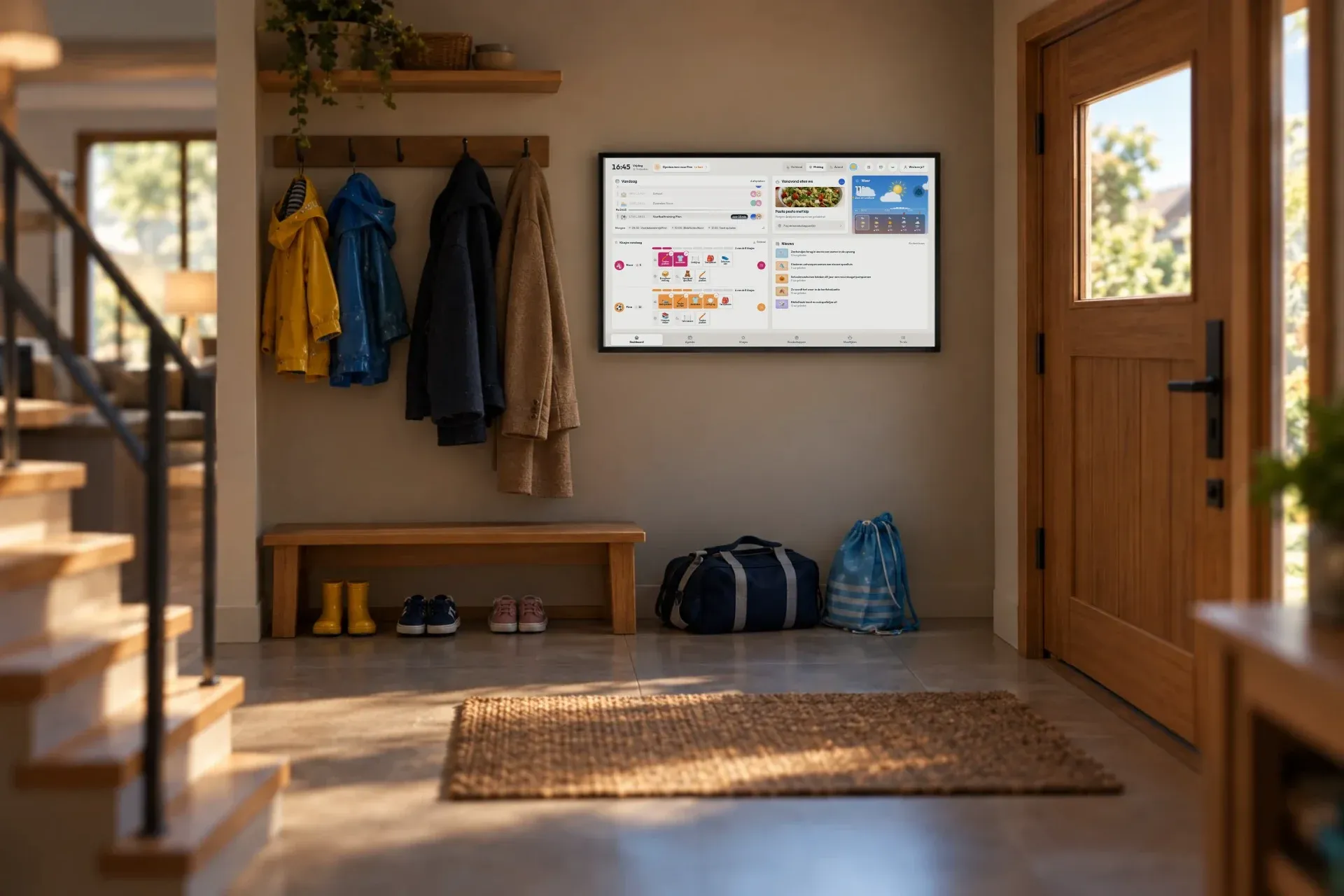 De hal van het huis in de ochtend, de middag en de avond, met steeds een ander overzicht op het scherm