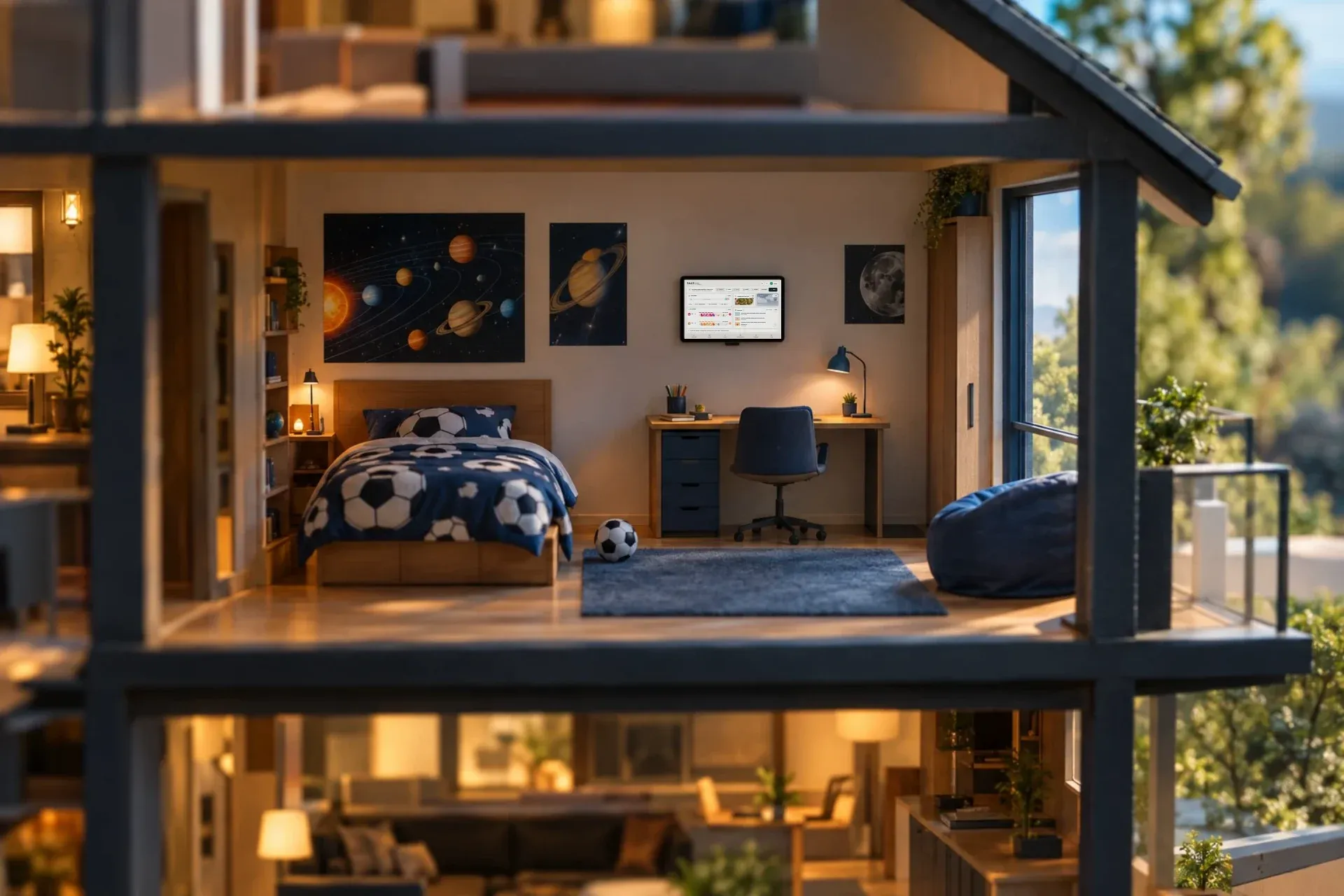 Een kinderkamer met een tablet aan de muur, waarop het overzicht wordt ingedeeld