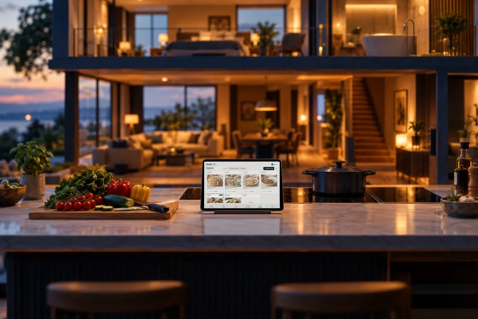 Een keukeneiland met groente en een pan; op de tablet de weekplanning en een recept