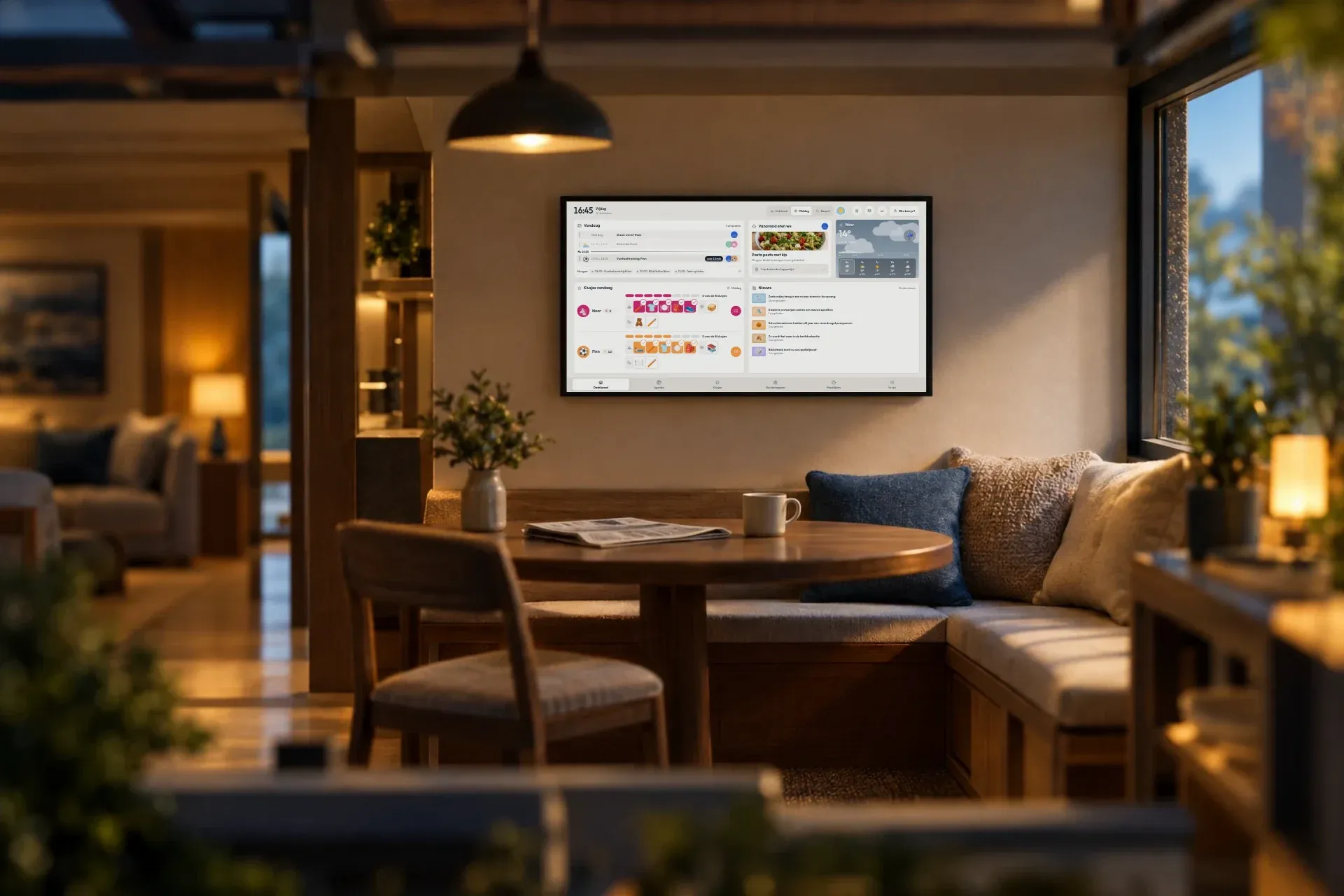 Een gedekte tafel met taart voor bezoek; het scherm aan de muur laat foto's zien in plaats van de planning