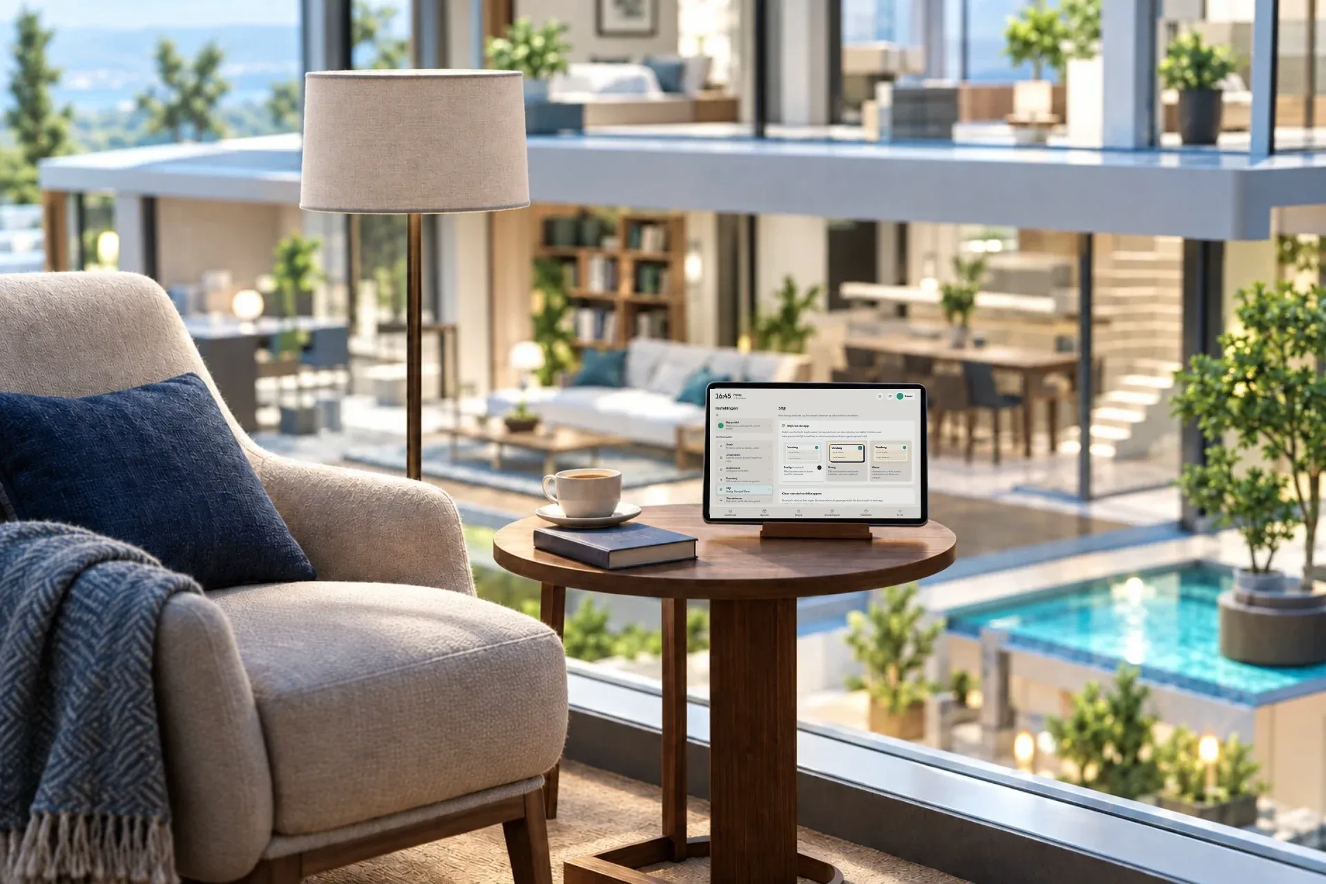 Een leeshoek met een tablet op een bijzettafel, waarop de instellingen van Voilà openstaan