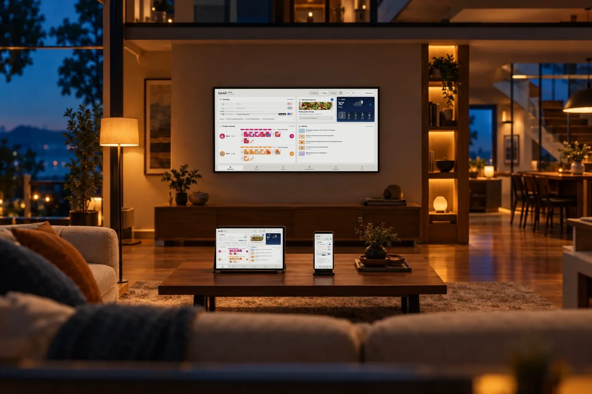 Sanne aan de keukentafel; hetzelfde overzicht op het scherm aan de muur, een tablet en een telefoon
