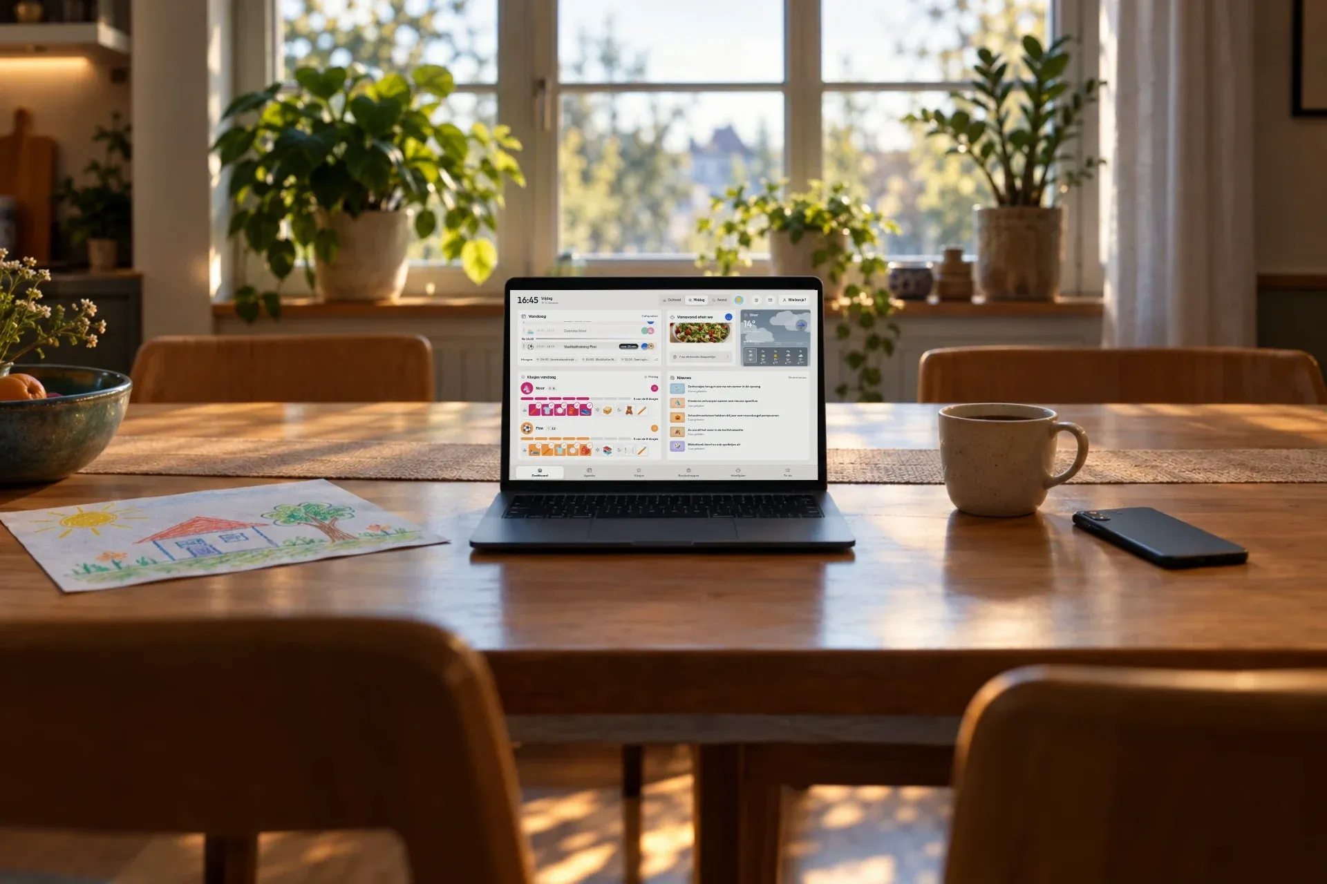 Een laptop op de keukentafel met het overzicht van het gezin, terwijl Daan de planten water geeft