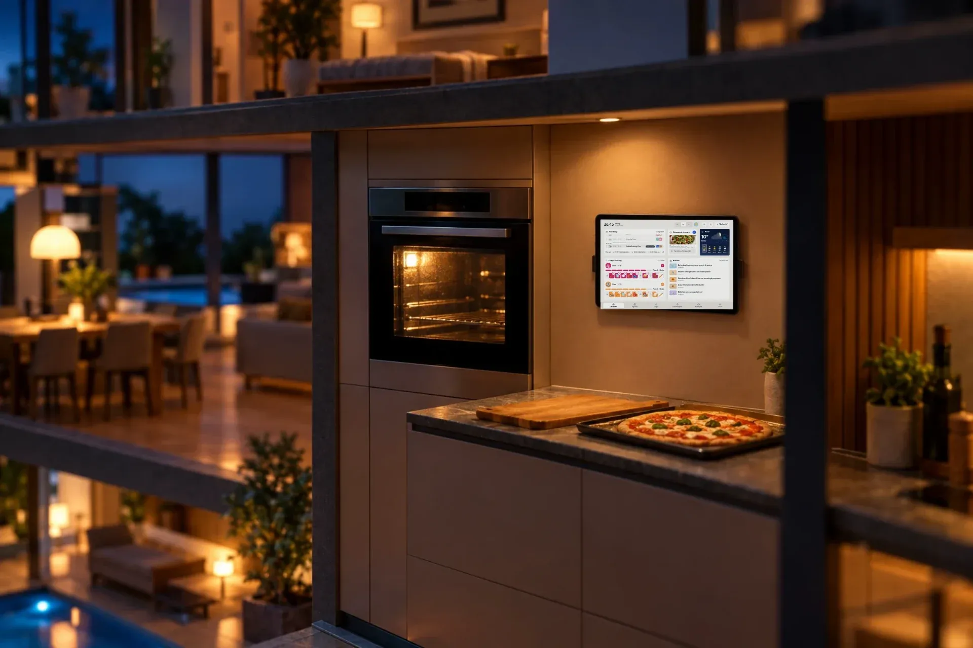 Daan en Noor maken pizza; een tablet aan de keukenmuur naast de oven toont het overzicht van het gezin