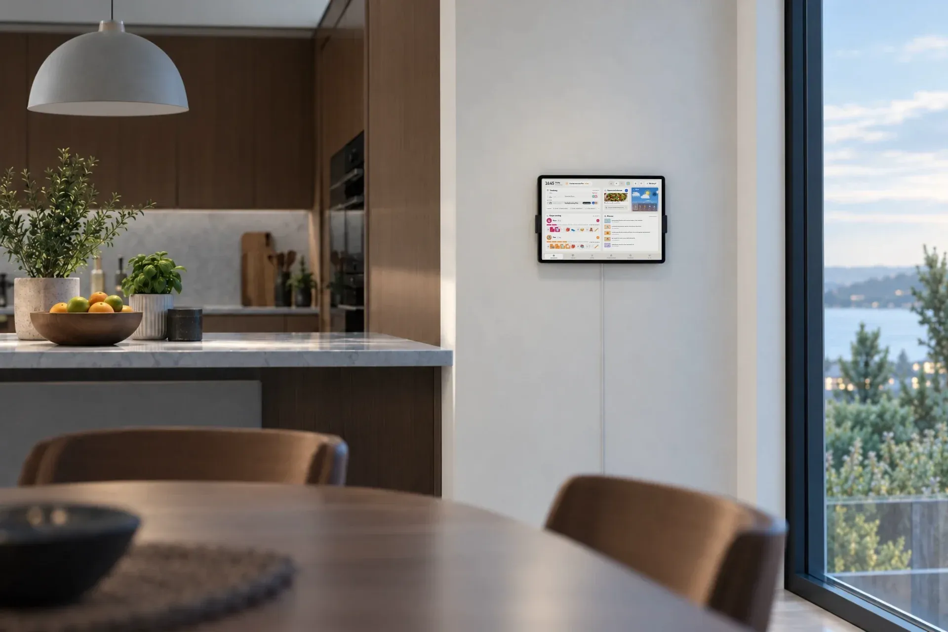 Sanne snijdt groente in de keuken; een tablet aan de muur toont het overzicht van het gezin
