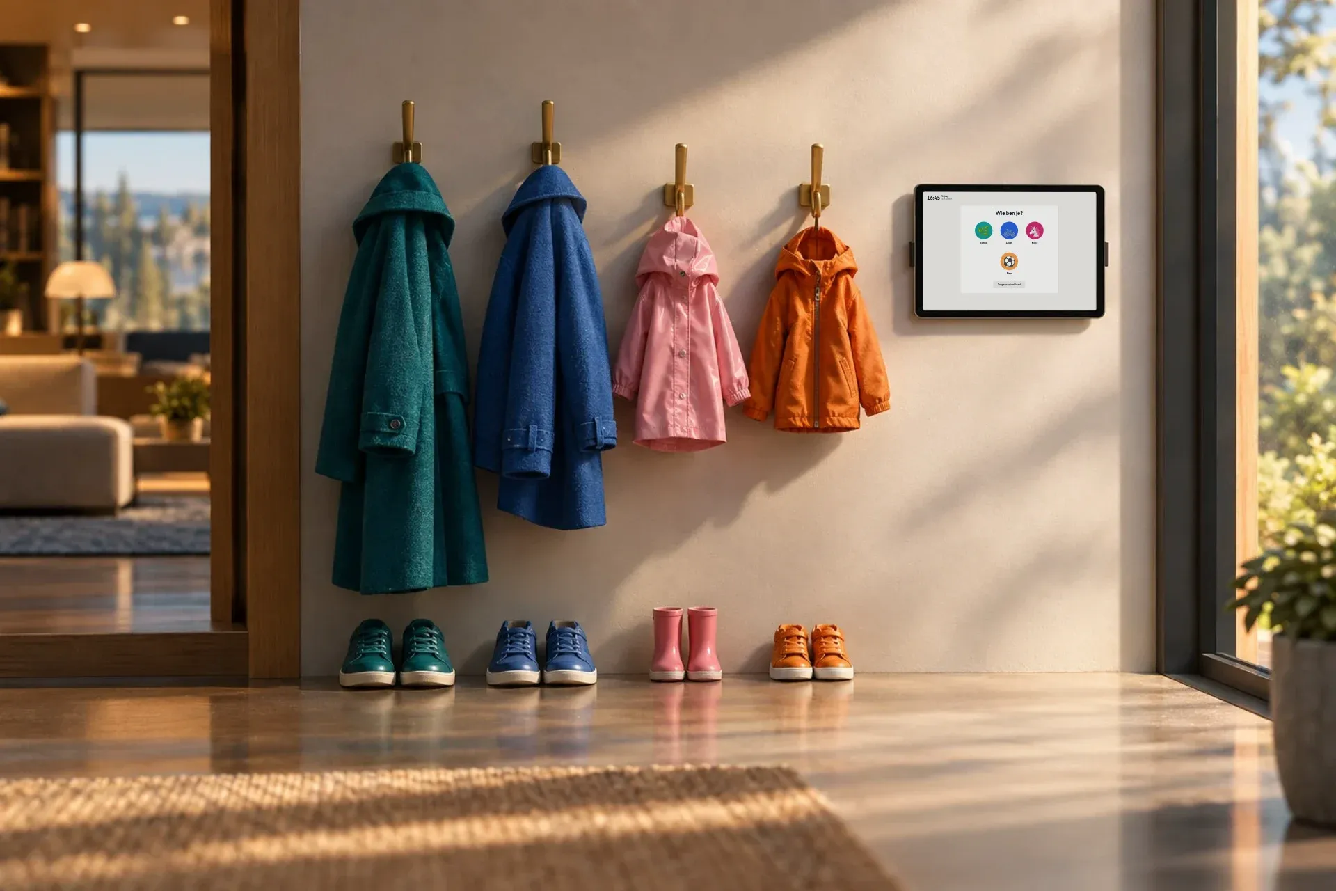 Een entree met vier jassen en vier paar schoenen in vier kleuren; op de tablet de profielen van het gezin