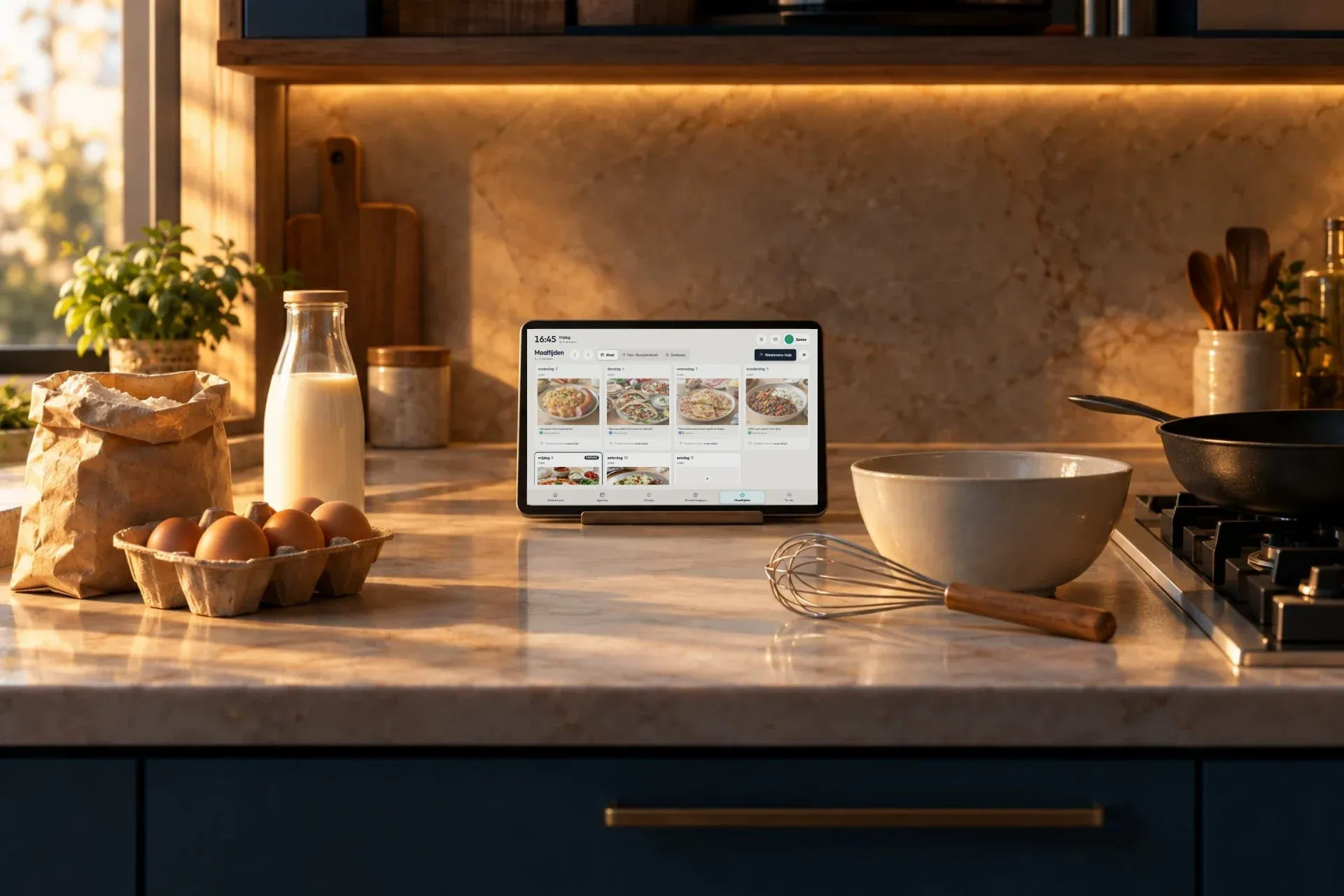 Een aanrecht met bloem, eieren en melk; op de tablet het recept voor pannenkoeken, daarna een stapel pannenkoeken