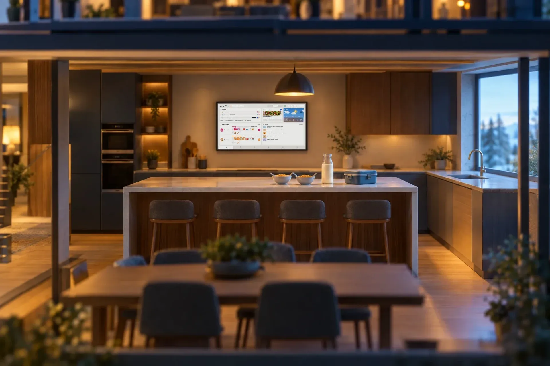 Het scherm in de keuken, van de ochtend tot de avond