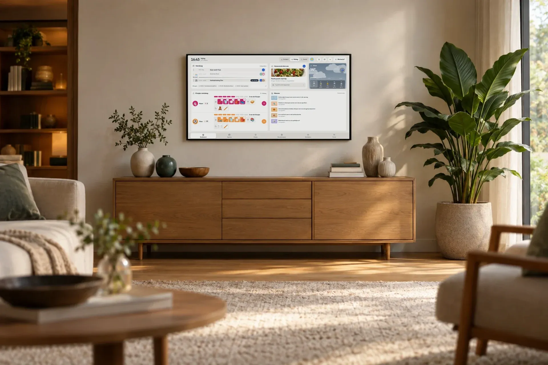 Een lichte woonkamer; het scherm aan de muur wisselt van de stijl Rustig naar Warm naar Stevig