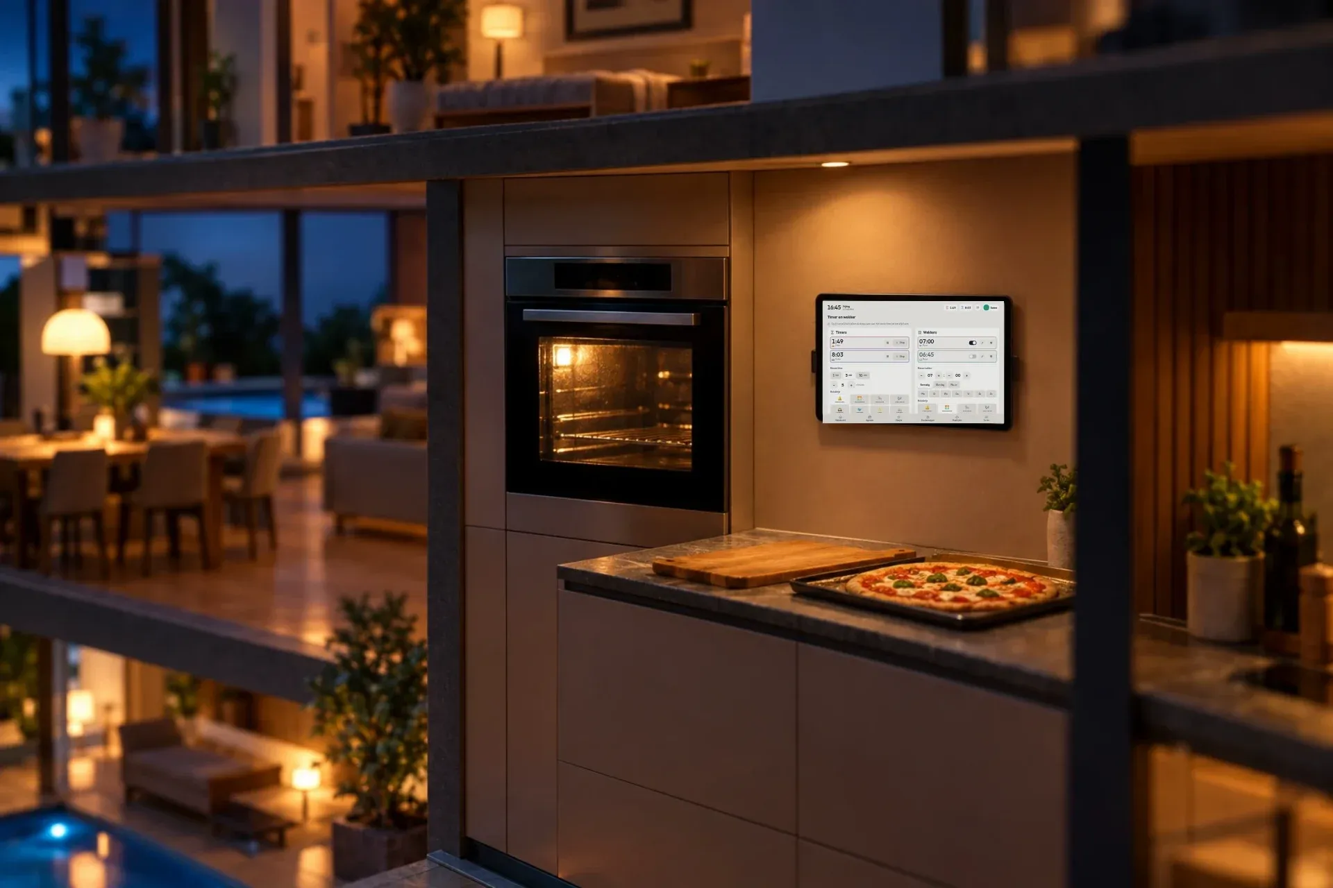 Een keukenwand met een oven en een tablet; de pizza gaat de oven in en de timer loopt