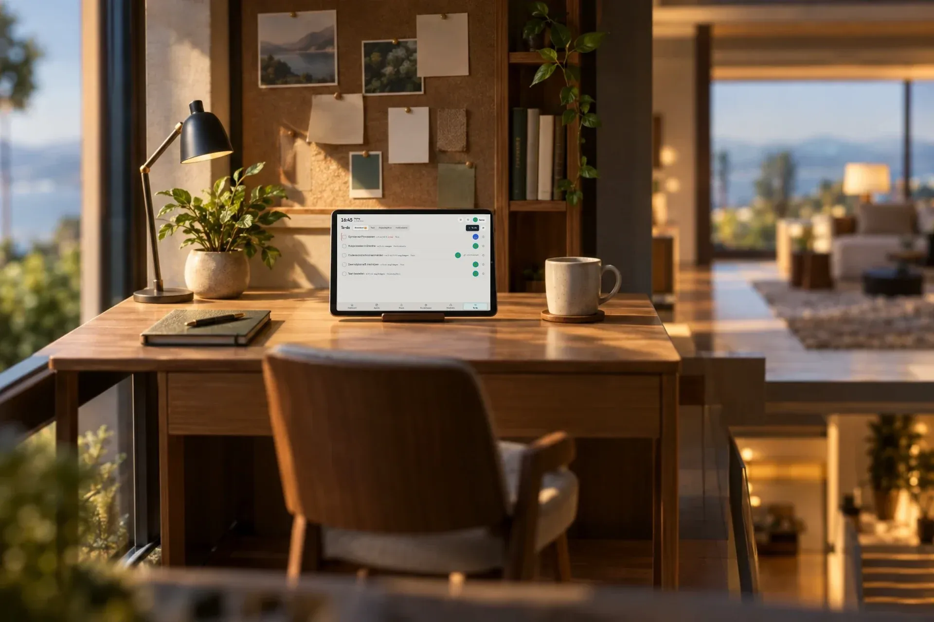 Een bureau met een tablet op een standaard, waarop de to-do-lijsten van de ouders staan