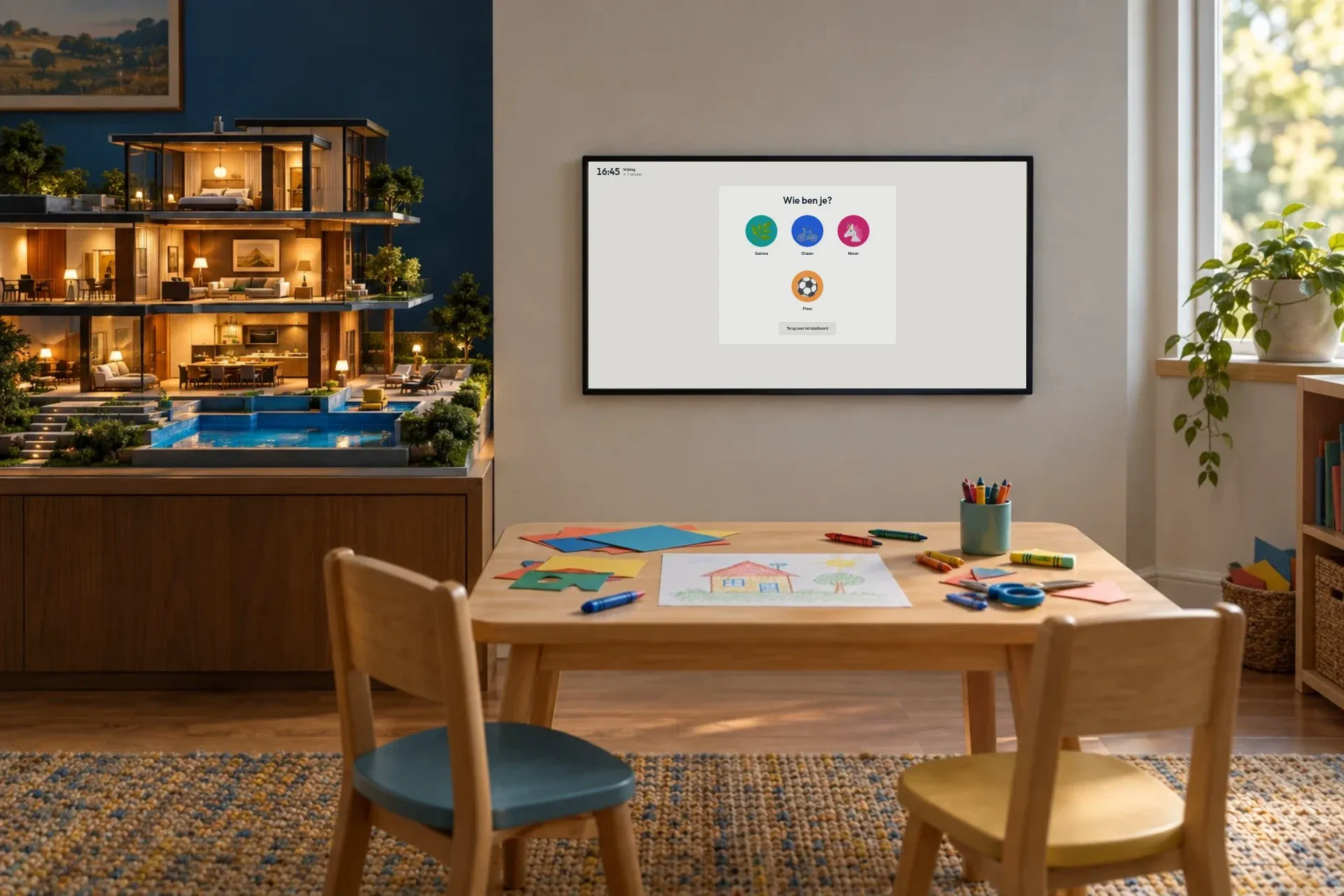 Een lage knutseltafel met tekeningen; op het scherm de profielen van het gezin en de klusjes van Noor