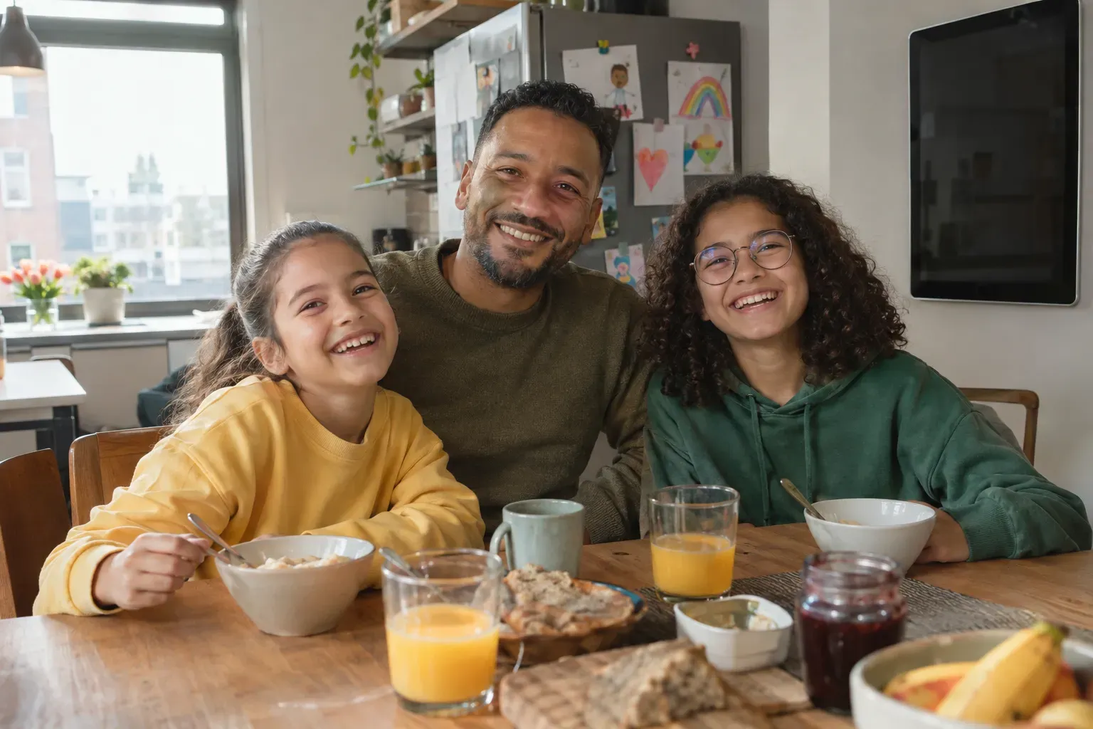Karim met zijn dochters Yasmin en Lina aan het ontbijt