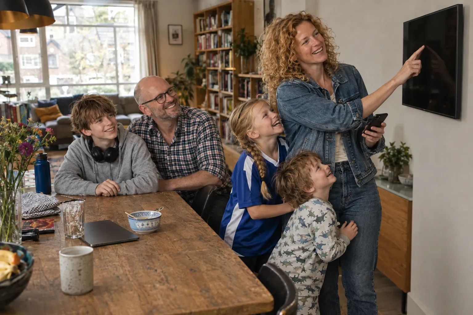 Lotte wijst naar het scherm aan de muur terwijl Pieter en de drie kinderen meekijken
