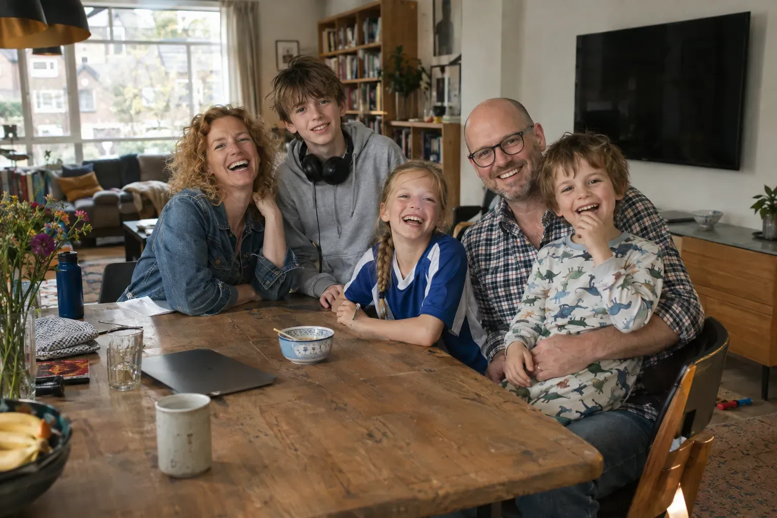 Lotte en Pieter met Sem, Tess en Mees aan de eettafel