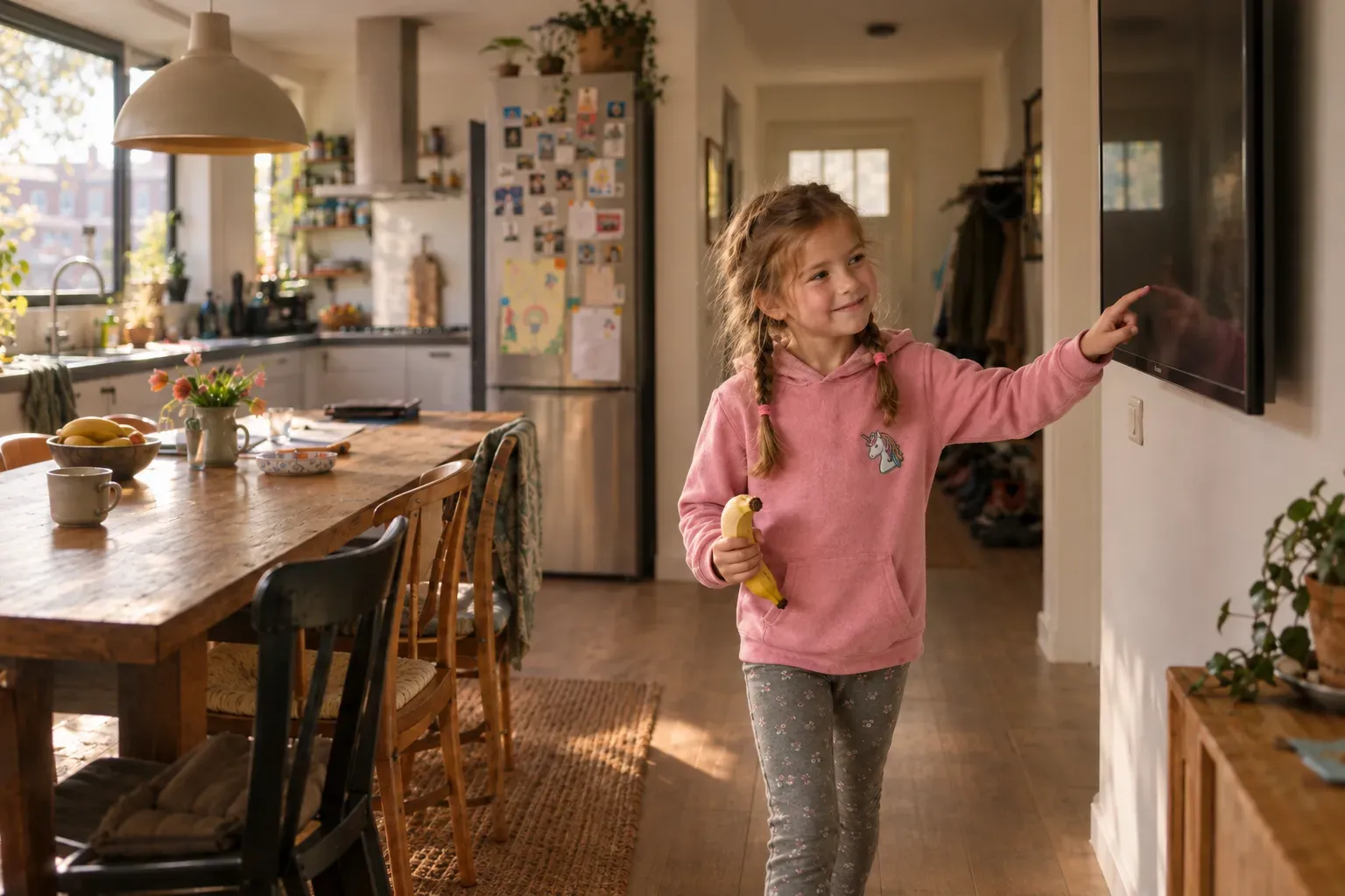 Noor van zes met een banaan in haar hand, tikt op het scherm aan de muur