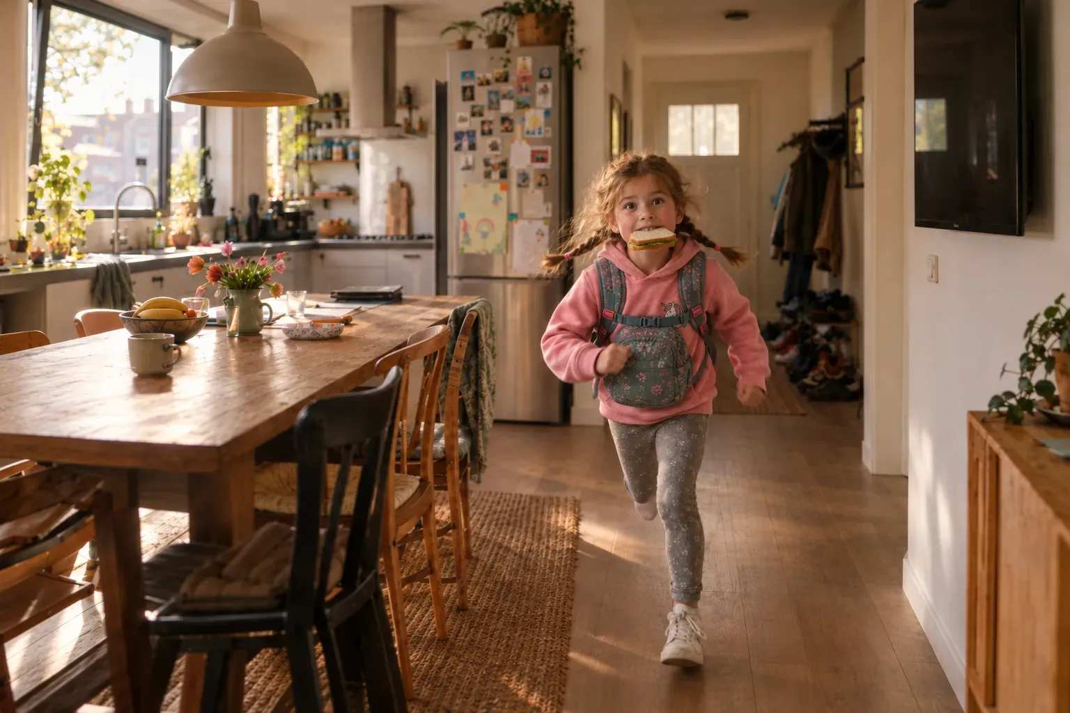 Noor van zes rent met haar schooltas door de keuken