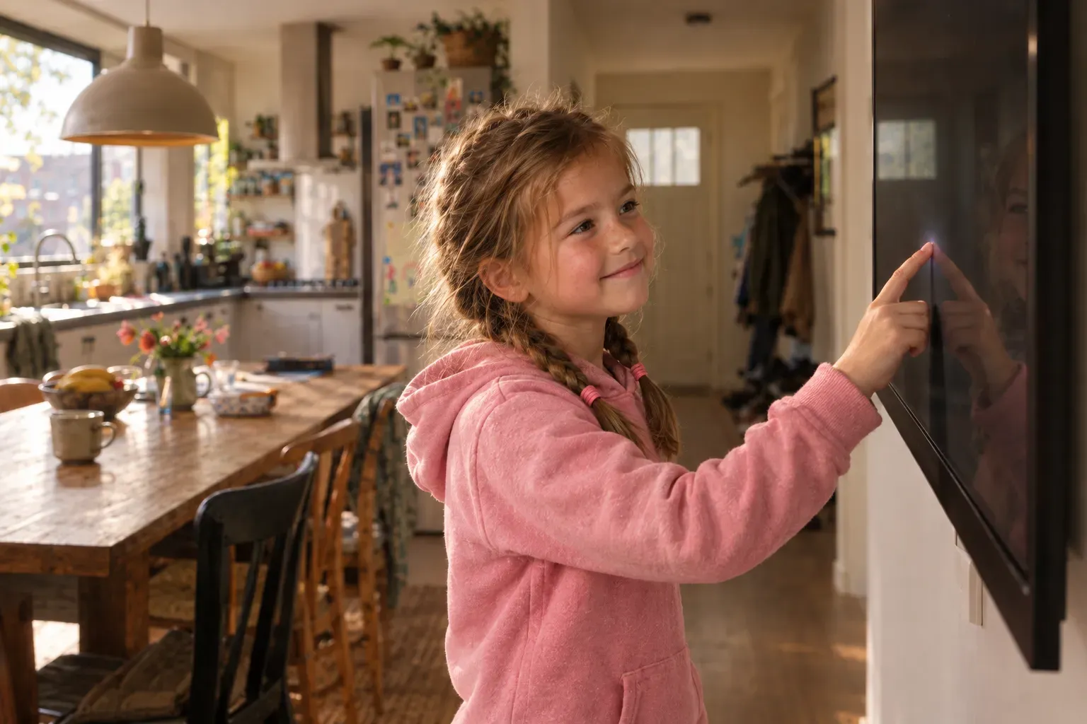 Noor van zes tikt haar klusje zelf af op het scherm in de keuken