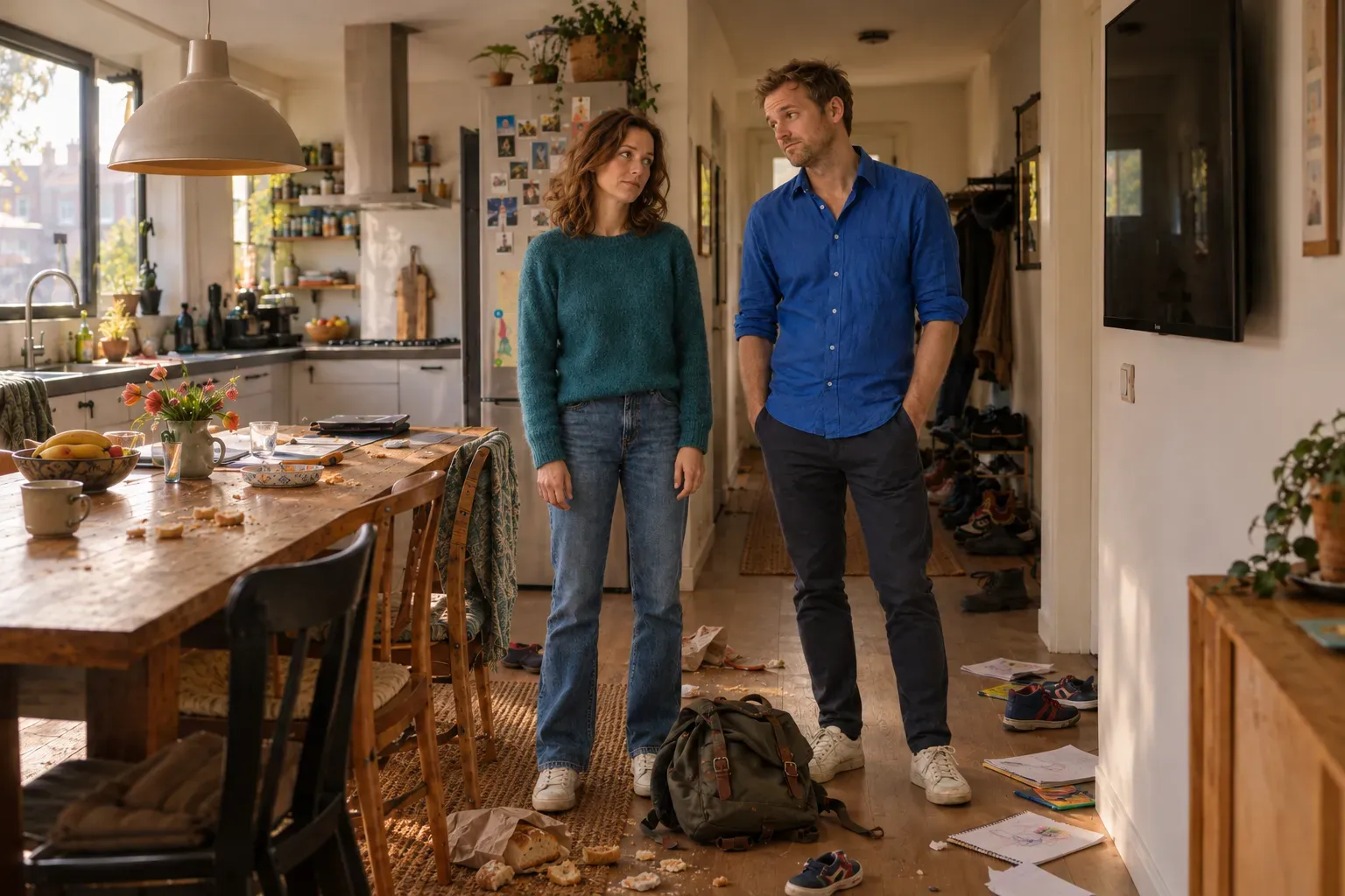 Twee ouders in de keuken, om hen heen tassen en schoenen na een drukke ochtend