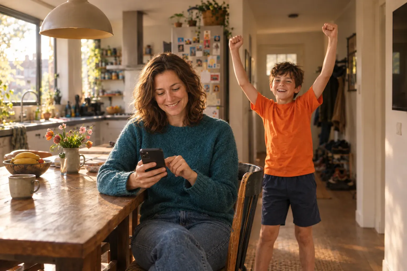 Sanne kijkt op haar telefoon terwijl Finn juicht