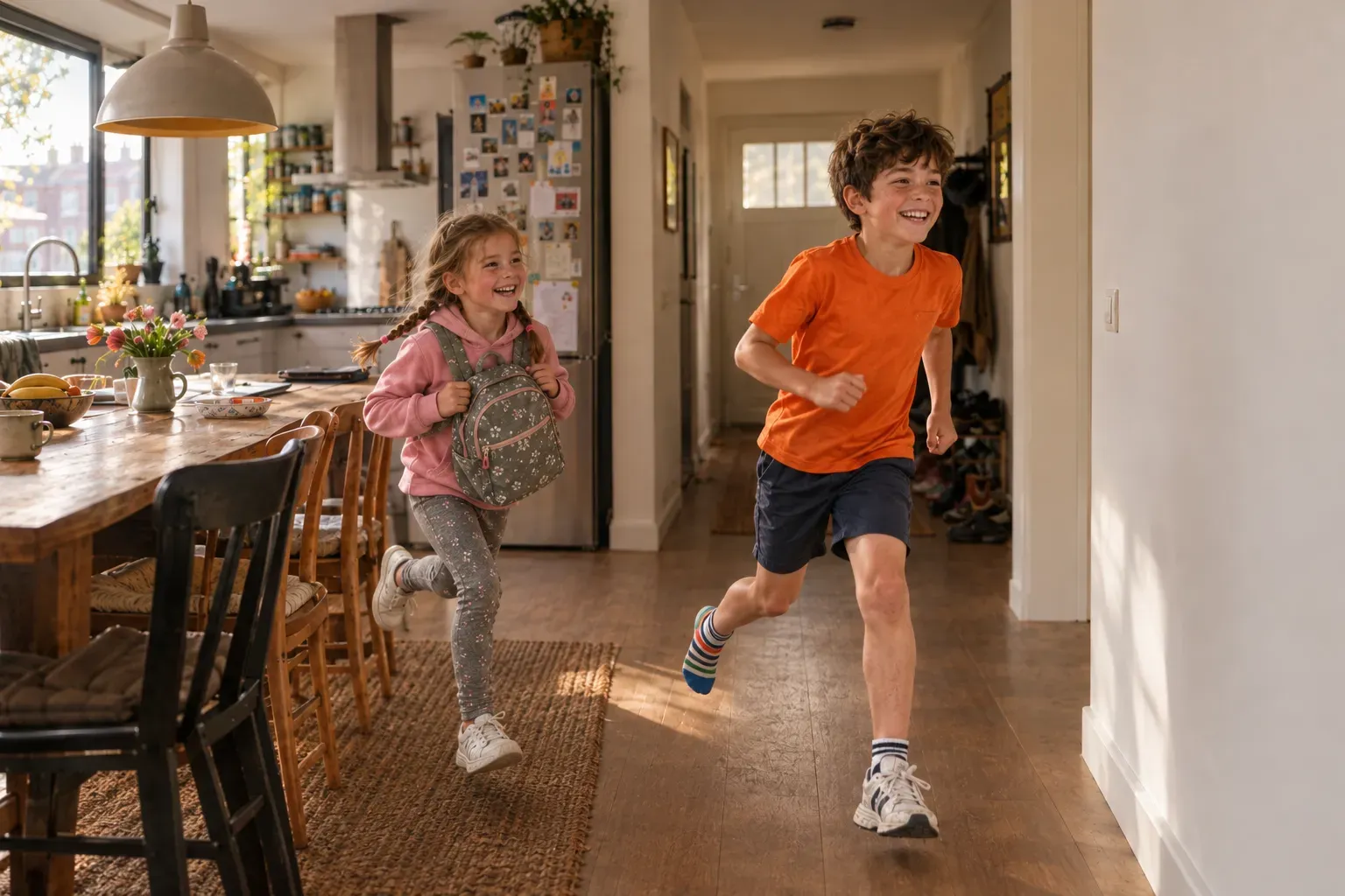 Noor en Finn rennen lachend door de keuken
