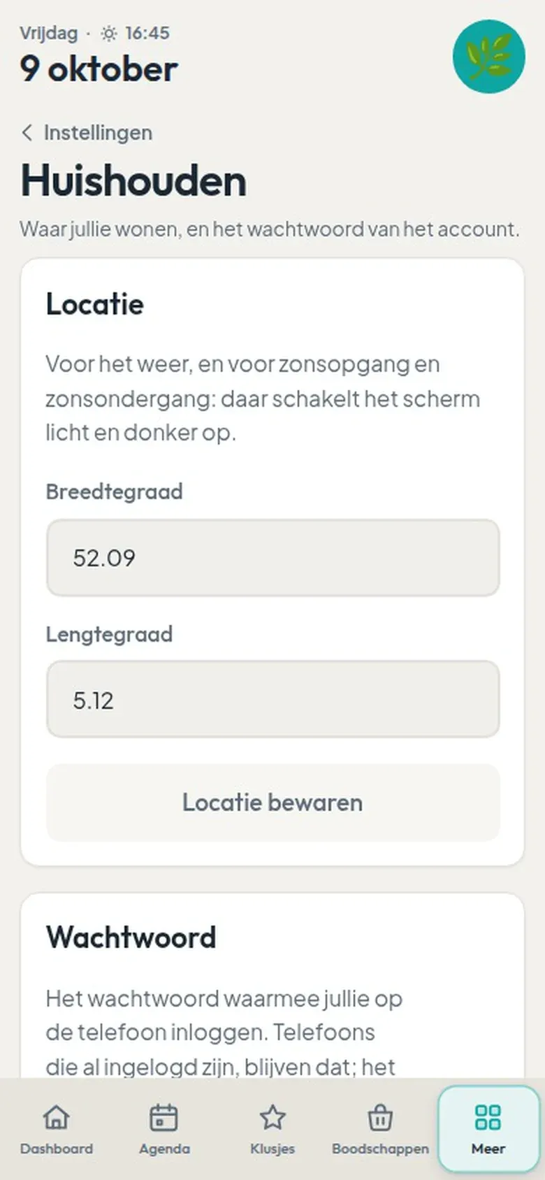 De plek en het wachtwoord van het huishouden