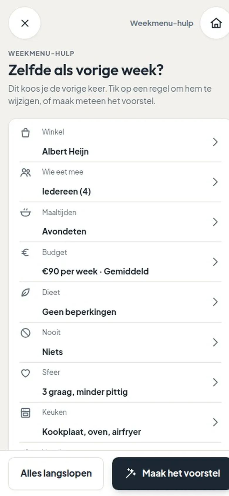 De weekmenu-hulp op de telefoon: zelfde als vorige week, en dan het voorstel
