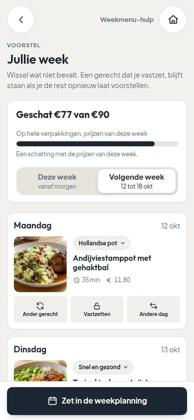 Het weekmenu in de planning, de boodschappen op de lijst