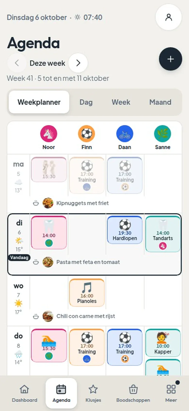 De weekplanner op de telefoon