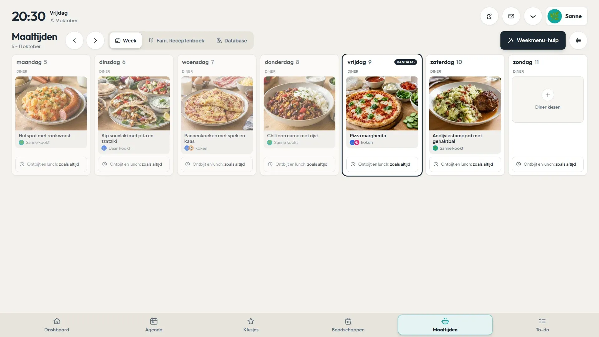 De weekplanning op het scherm