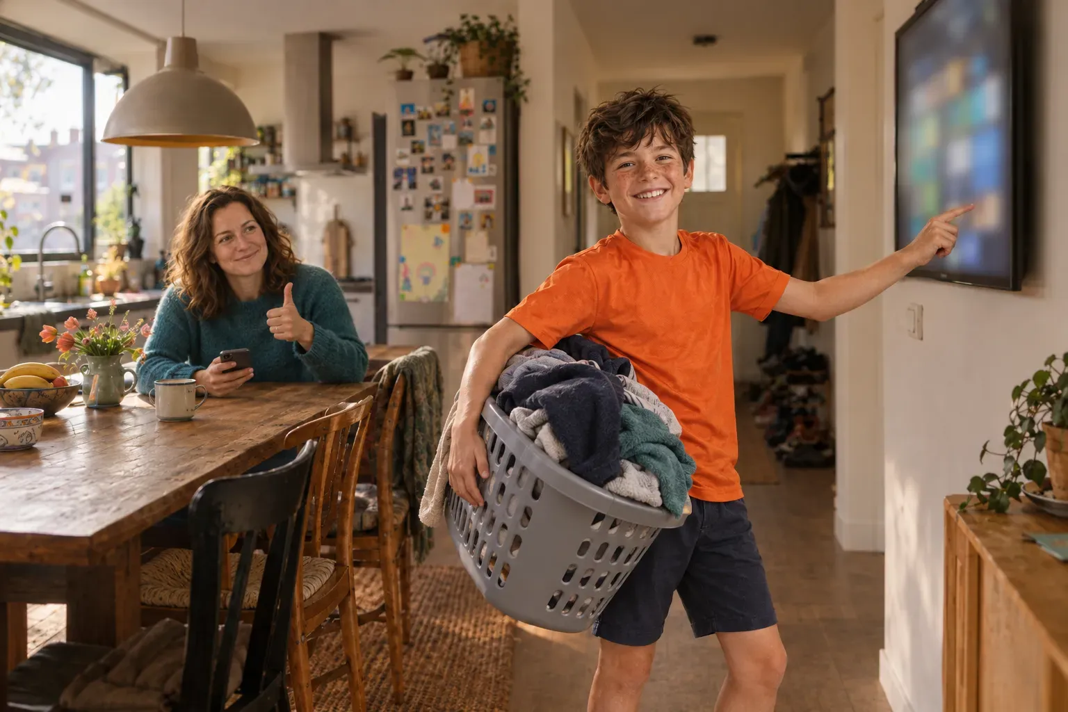 Finn tikt trots op het scherm met een wasmand op zijn heup; Sanne steekt aan tafel haar duim op