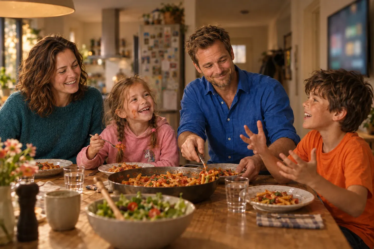 Sanne, Daan, Noor en Finn lachend aan tafel met een pan pasta en een salade