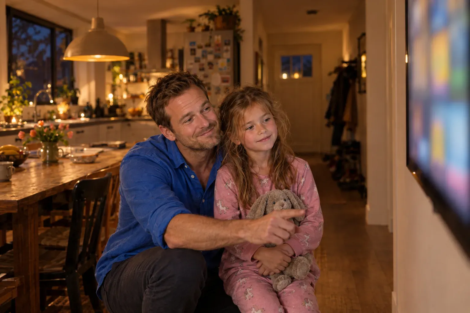 Daan wijst Noor ’s avonds op het scherm aan wat er morgen gebeurt; Noor zit in pyjama met haar knuffel