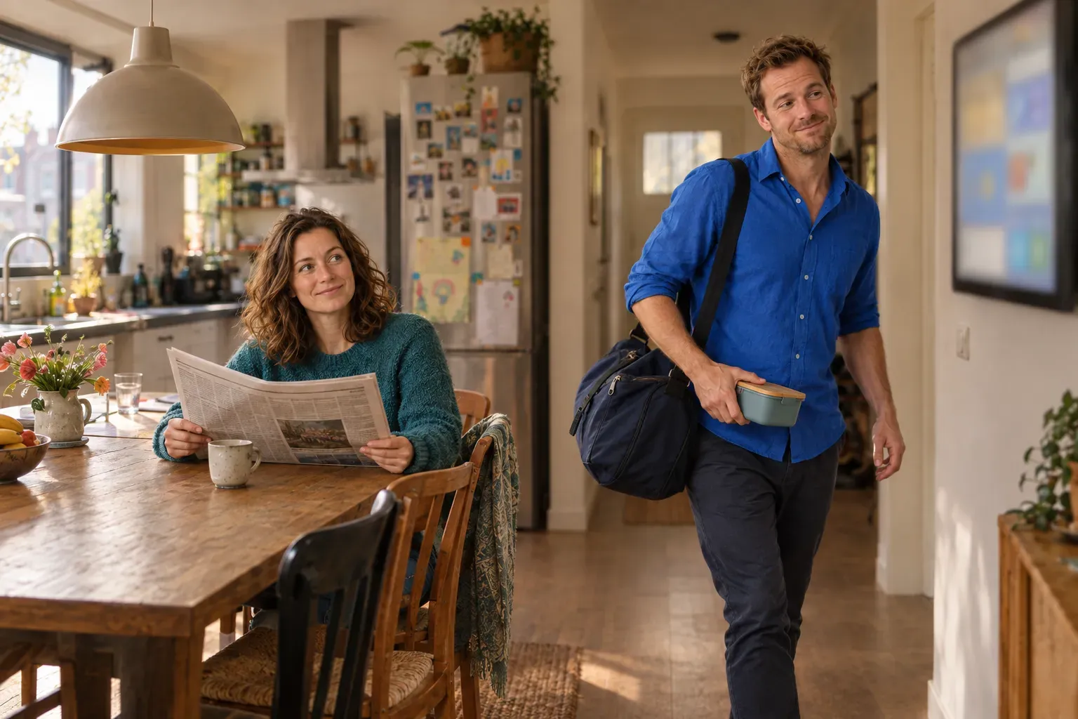 Daan pakt in het voorbijgaan de sporttas en het broodtrommeltje, met een blik op het scherm; Sanne leest rustig de krant