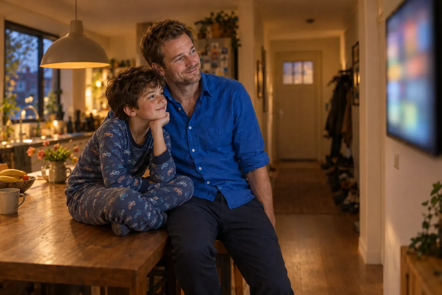 Finn zit ’s avonds in pyjama tegen Daan aan; samen kijken ze rustig naar het scherm