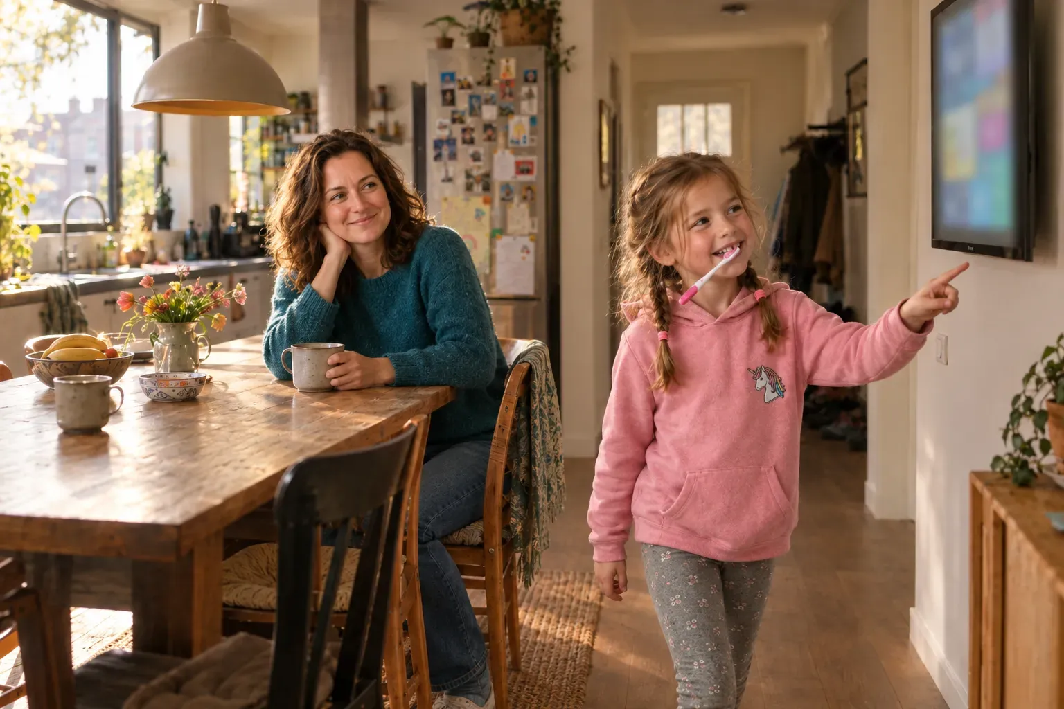 Noor loopt met haar tandenborstel in de mond langs het scherm en wijst ernaar; Sanne kijkt vanaf de tafel toe met koffie