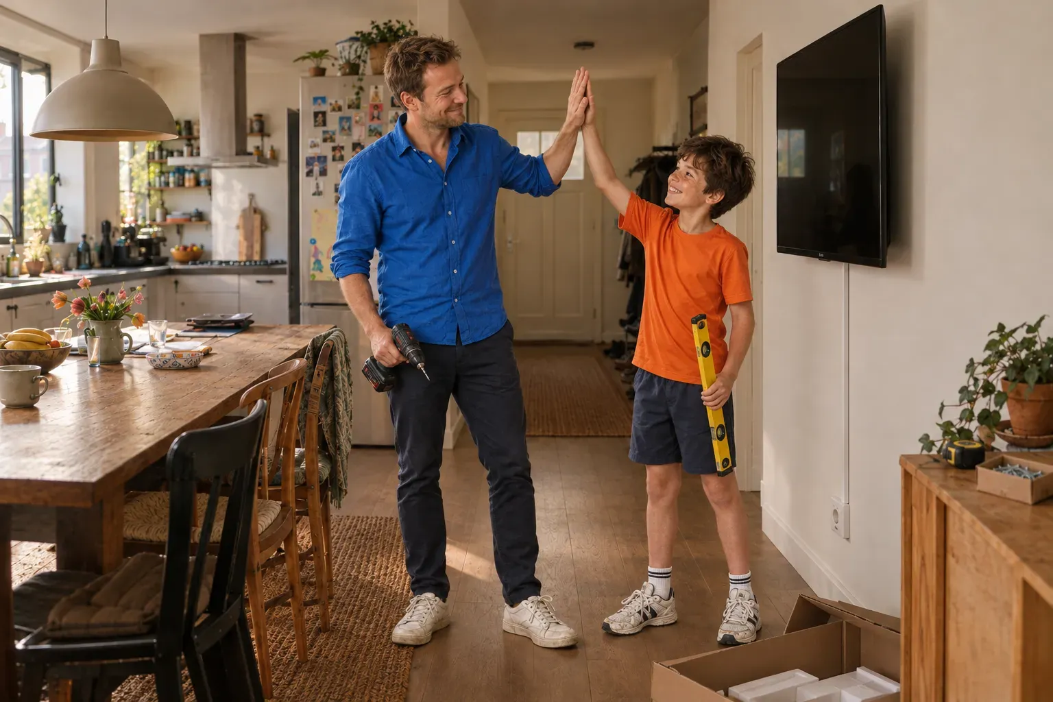 Daan en Finn geven elkaar een high five onder het opgehangen scherm, met een boormachine en een waterpas in de hand